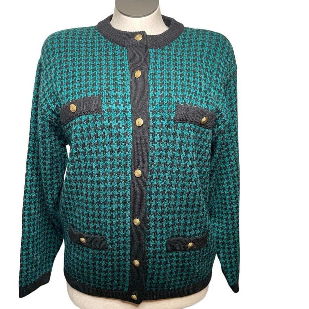 Vtg Karen Scott Womens Cardigan L Green Houndstooth Plaid Holiday Old Money